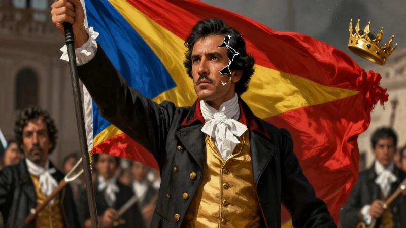 Revolución histórica: líder, bandera, y corona rota