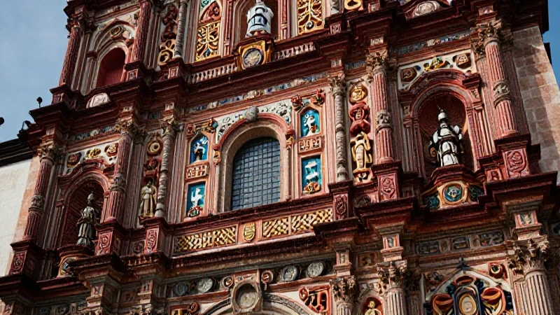 Fachada barroca colonial mexicana con arte indígena detallado