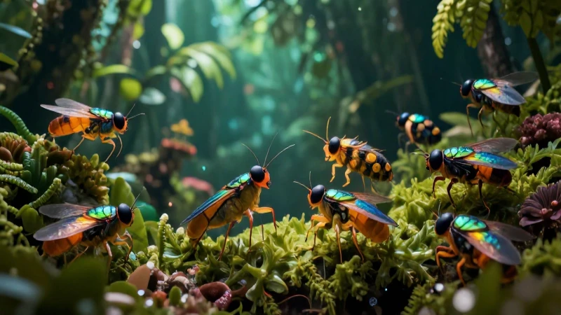 10 Animales Invertebrados: Características Esenciales 6 Insectos vibrantes en un fondo tropical detallado