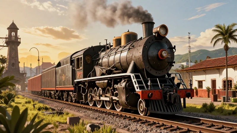 Conoce los 10 avances tecnológicos revolucionarios del Porfiriato 4 Locomotora de vapor porfiriana en vibrante paisaje industrial