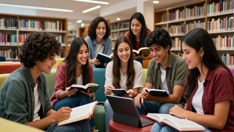 Qué 10 acciones mejoran la convivencia en bibliotecas 9 Estudiantes mexicanos colaboran felices en biblioteca moderna