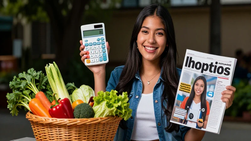 Estudiante mexicano alegre con frutas y calculadora