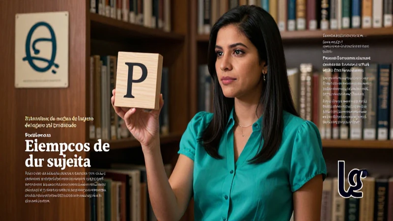Educadora Latina vibrante entre símbolos gramaticales