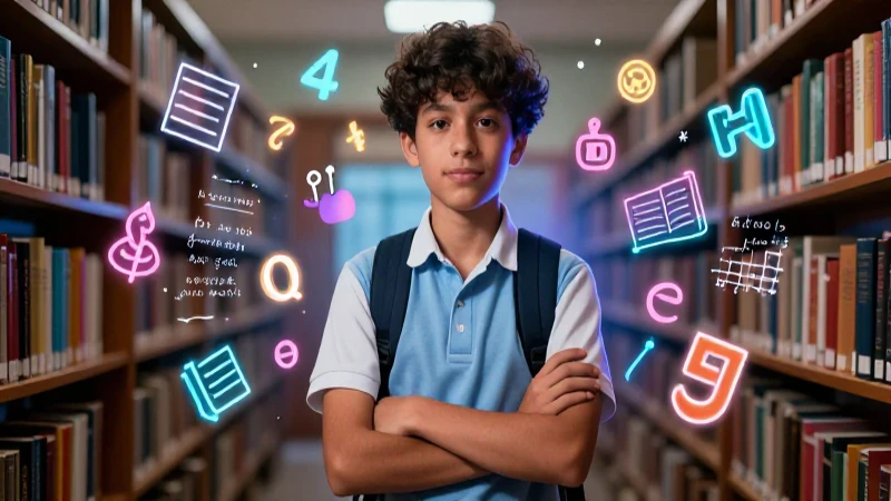 Estudiante confiante en una biblioteca académica moderna