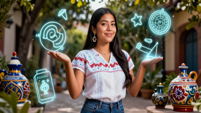 10 ejemplos inspiradores de temas y subtemas para proyectos 4 Joven mexicana creativa rodeada de luz y tradición