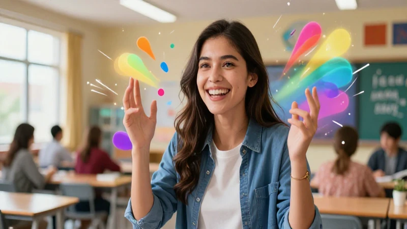 Oraciones con signos de exclamación: ¡expresa tus emociones! 4 Estudiante sonriente rodeada de energía emocional