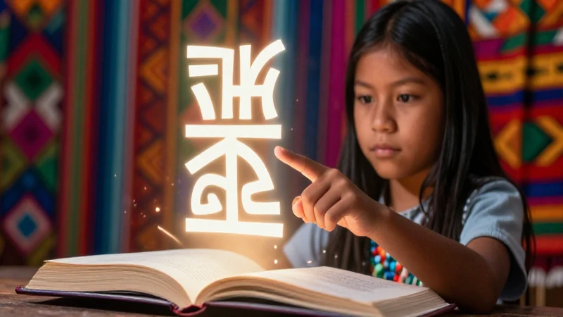 Joven indígena estudia un glifo Kiche iluminado