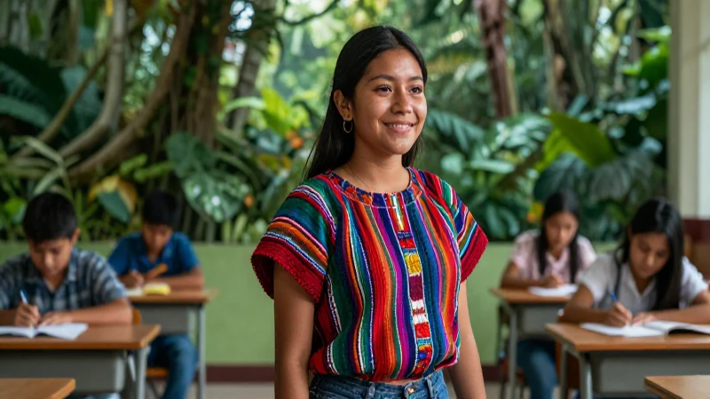Estudiante indígena sonríe, vibrante cultura Kiche