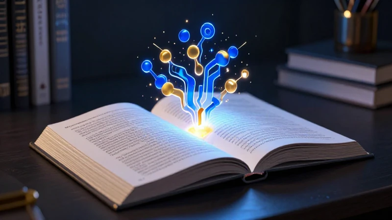 Libro abierto estilizado con estructuras lingüísticas brillantes