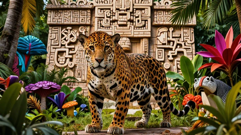 Jaguar central en fondo maya detallado y vibrante
