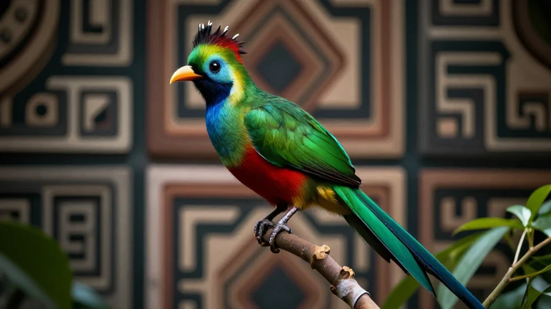 Quetzal vibrante en patrón Maya, iluminación cinemática