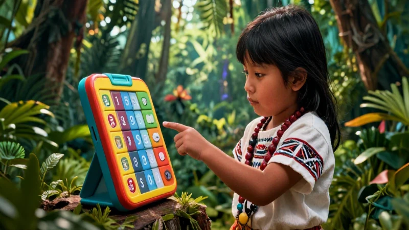 Niño Kiche señala diccionario en jungla vibrante