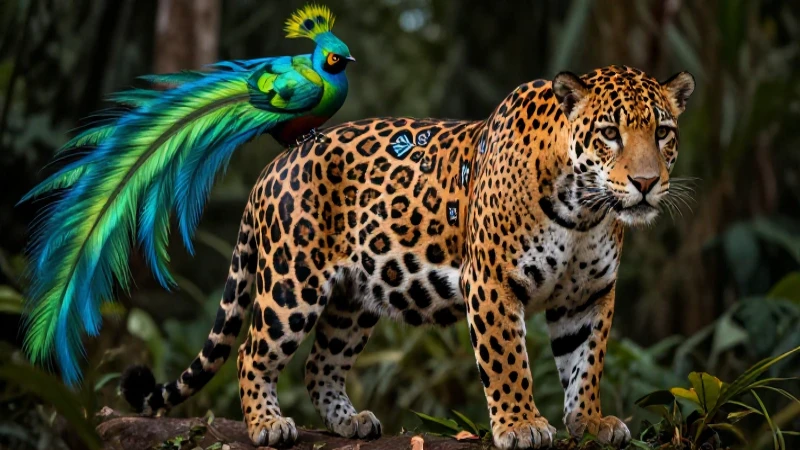 Jaguar y Quetzal en arte educativo hiperrealista