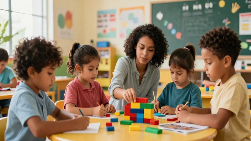 Niños diversos construyen en un aula vibrante