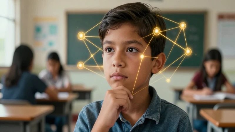 Estudiante pensativo y red de ideas doradas