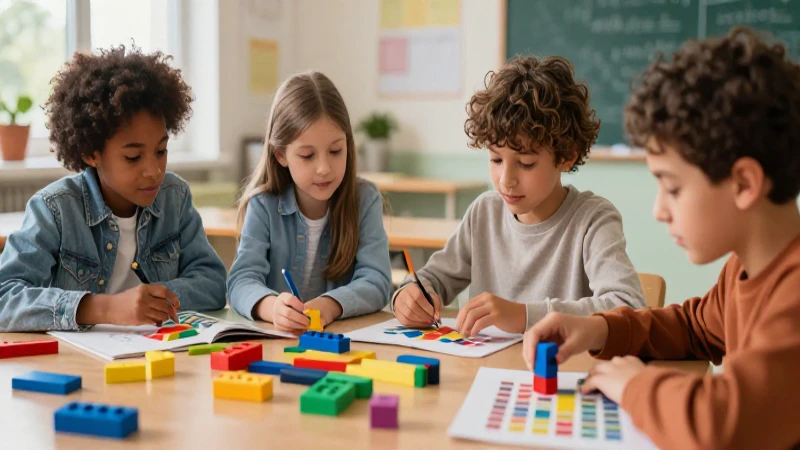 Niños aprenden matemáticas usando manipulativos coloridos