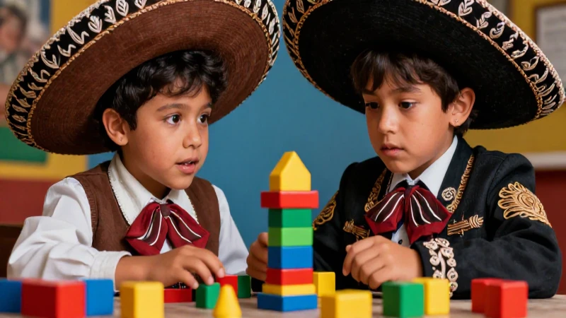Niños curiosos con bloques en estilo de revista