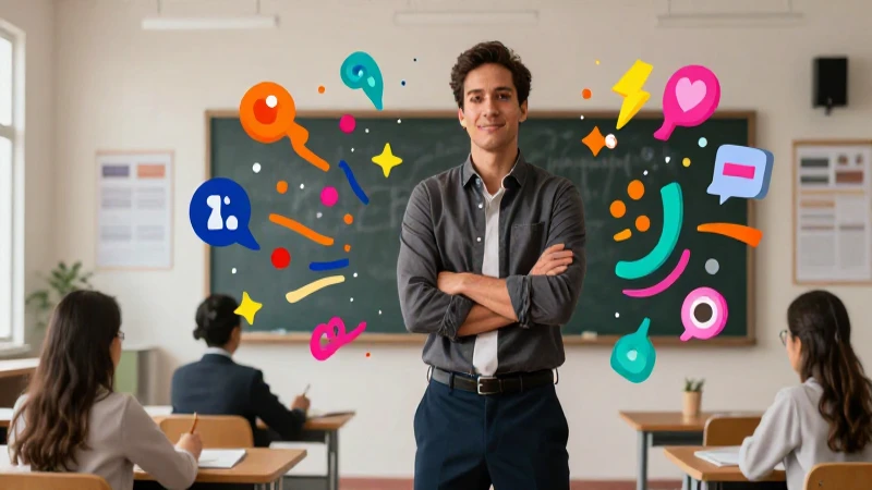 Educadora dinámica en aula moderna con arte abstract