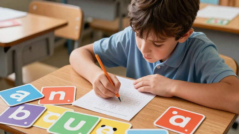 Niño concentrado estudiando deletreo con tarjetas