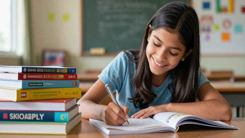Estudiante mexicana sonriente escribe entre libros coloridos