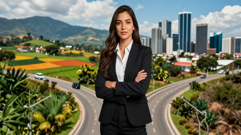 Mujer profesional entre campo vibrante y ciudad moderna