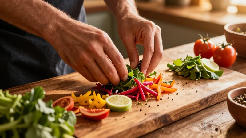 Manos preparan ingredientes mexicanos bajo luz cálida