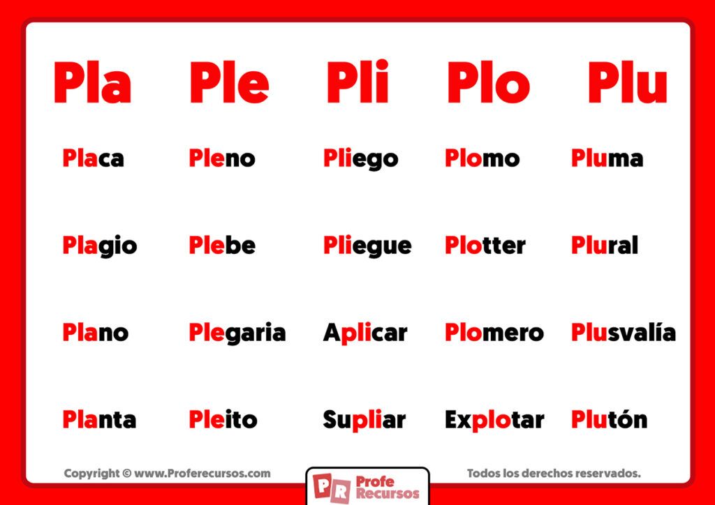 50 ejemplos de palabras que empiezan por pla para usar