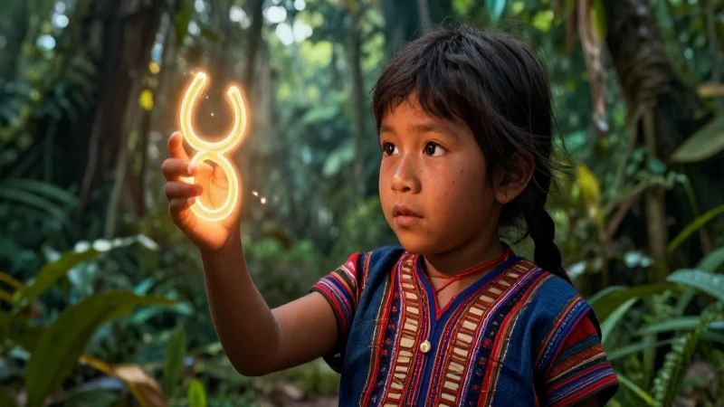 50 Palabras en Q'eqchi y Español: Alfabeto y Vocales 3 Niño Qeqchi sosteniendo símbolos brillantes en la jungla