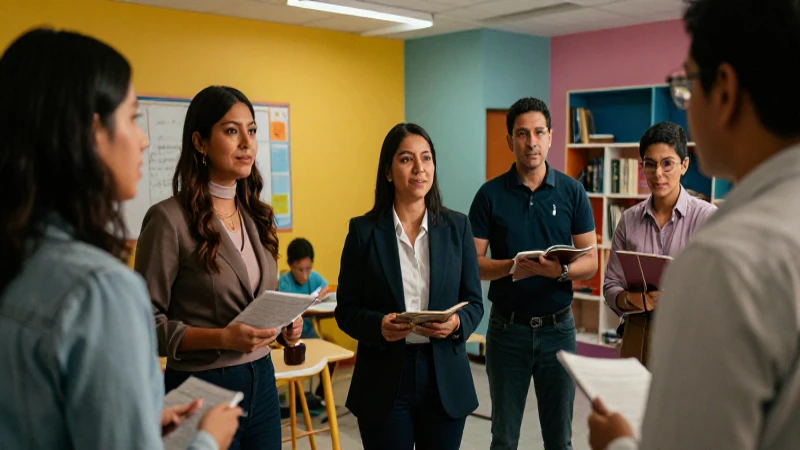 Educadores mexicanos colaborando en escuela moderna