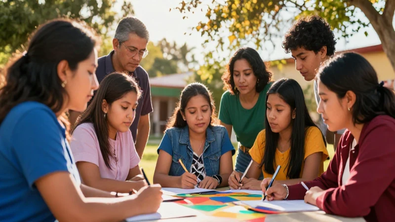 Comunidad mexicana colaborando en proyecto educativo vibrante