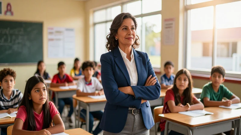 Maestra moderna en aula vibrante con alumnos interesados