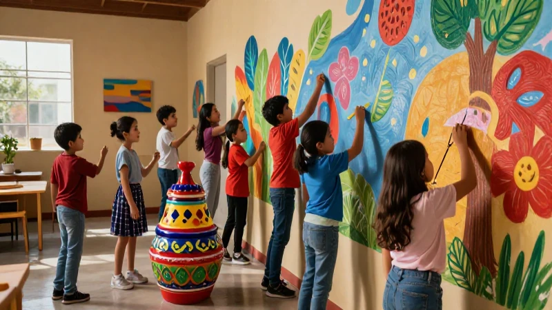 Estudiantes mexicanos pintan un mural colorido
