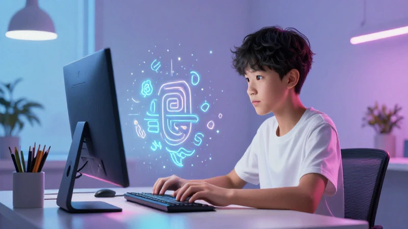 Estudiante joven con símbolos luminosos en un escritorio minimalista