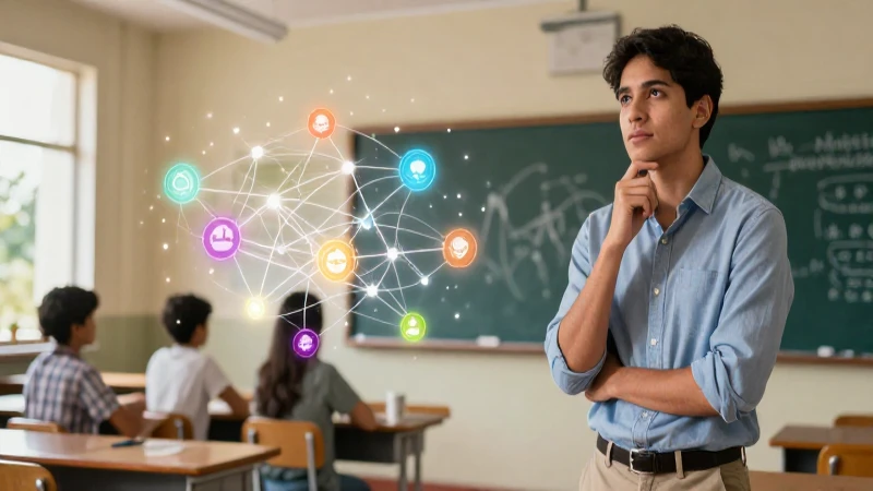 Educador reflexiona frente a un aula mexicana moderna