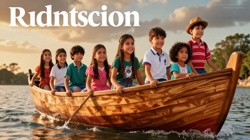 Niños en bote, estética mexicana educativa vibrante