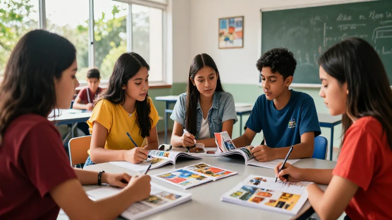 ¡Conoce el impacto de la nueva escuela mexicana en la educación! Exploramos su significado 5 Estudiantes mexicanos aprenden colaborativamente en un aula iluminada