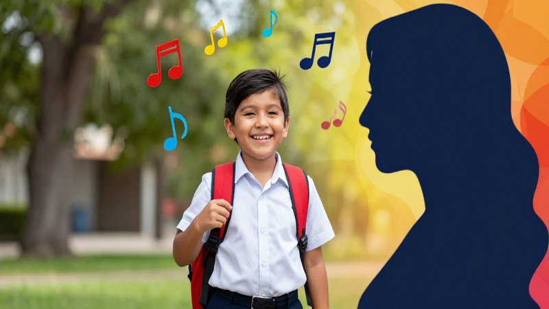 Palabras que rimen con mamá: 20 opciones creativas 7 Niño mexicano alegre con notas musicales voladoras