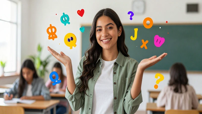 Joven educadora mexicana sonriente en aula moderna