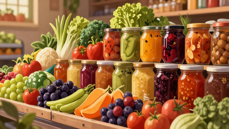 Abundancia vibrante de alimentos frescos y conservas