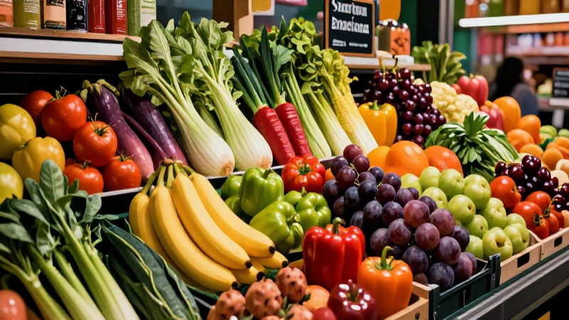 Productos frescos vibrantes en un mercado