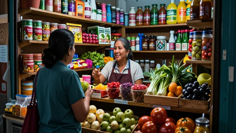 Tienda mexicana vibrante con productos frescos y atención amistosa