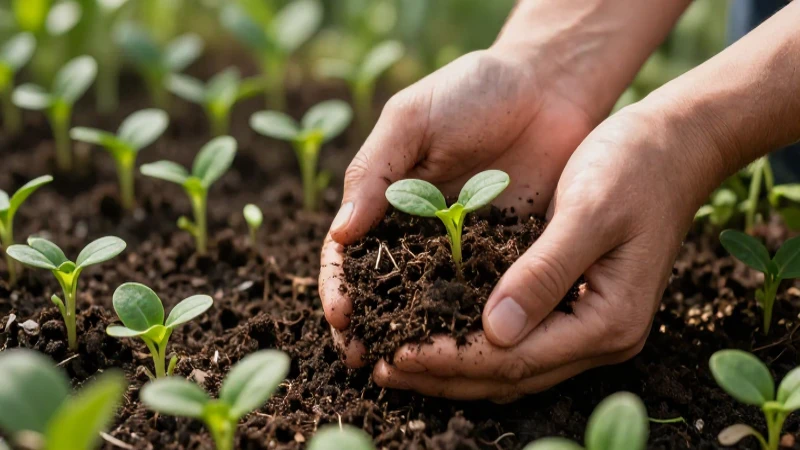 Manos revisan compost y plántulas con detalle