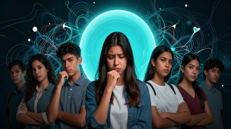 Estudiante ansioso ante caos y calma digital
