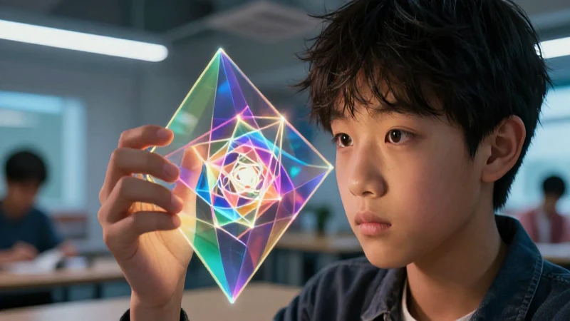 Abstracciones: 15 Ejemplos que Transforman tu Perspectiva 13 Joven pensativo observa fractal brillante en un entorno moderno