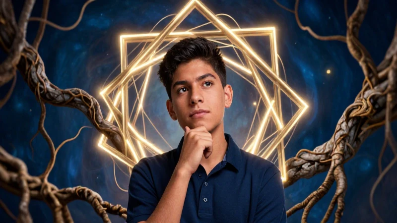 Estudiante mexicano reflexivo con estructura geométrica de conocimiento