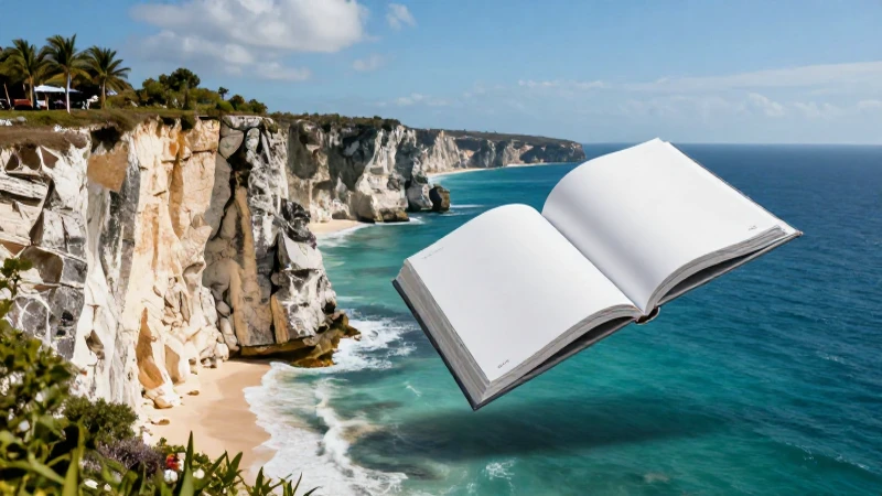 Claro, una pared de roca con un libro flotante en la costa mexicana