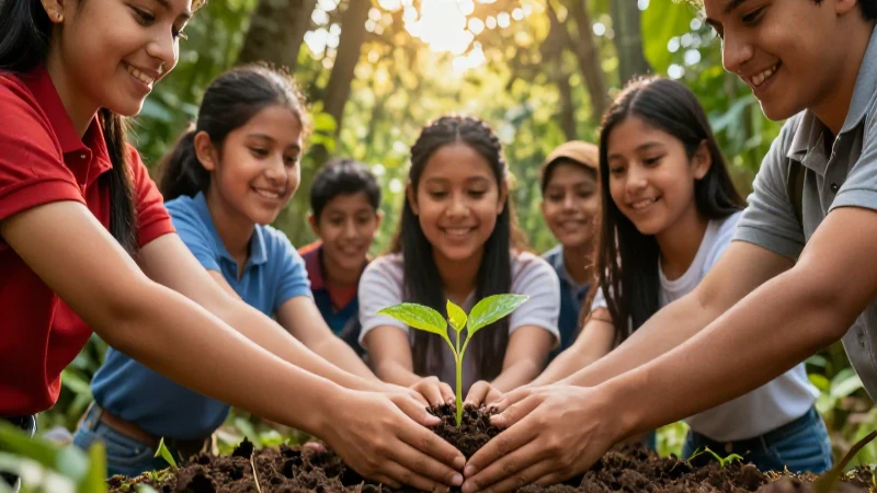 Estudiantes mexicanos plantan un pequeño árbol en un bosque