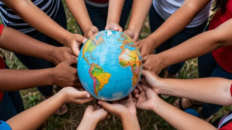 Diversas manos sostienen un planeta global