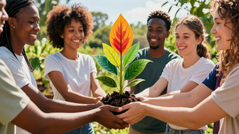 Comunidad colaborando con paz en jardín iluminado