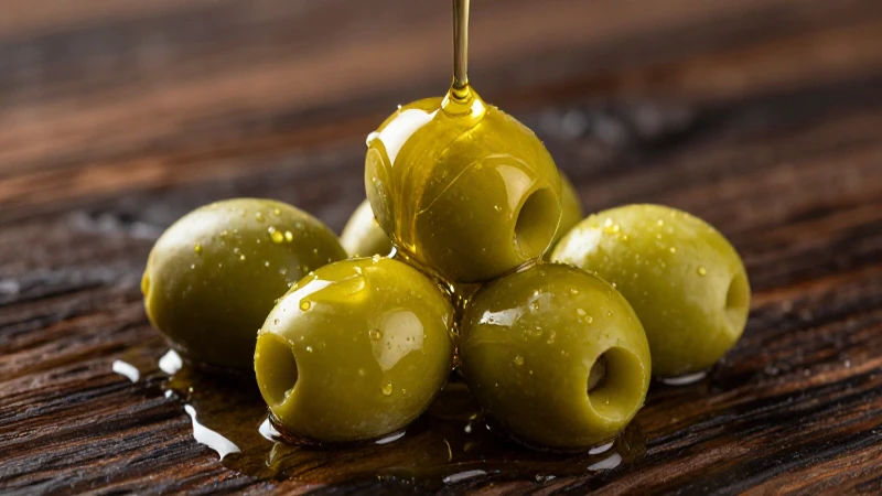 Aceite dorado y aceitunas sobre madera pulida
